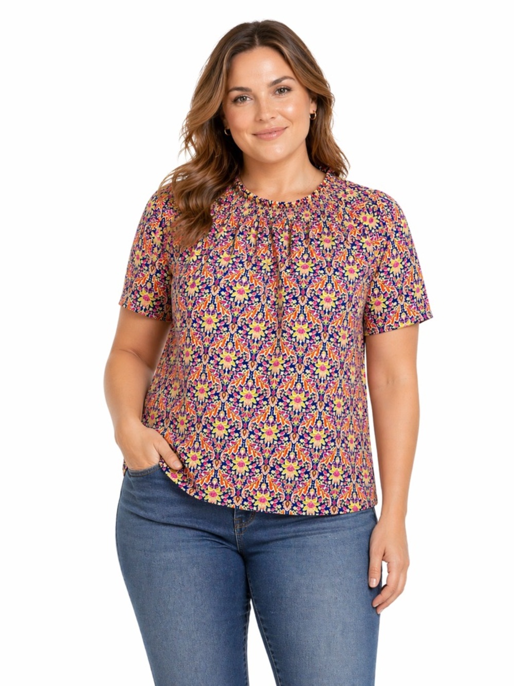 Rose & Olive Blouse Top Plus Sz 1X Floral Pleated Ruffle Neck Short Sleeve Flirt